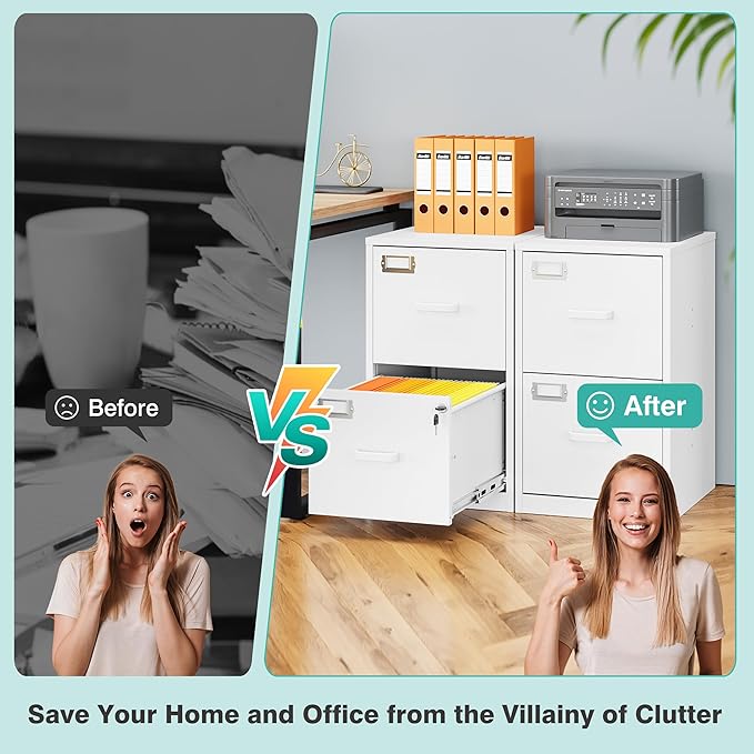 SISESOL 2 Drawer File Cabinet with Lock and Tag,Narrow Two Drawer Filing Cabinet,Vertical Metal File Cabinets,White Small Filing Cabinets for Home Office Fit Letter/A4/Legal Size File,Easy Assembly