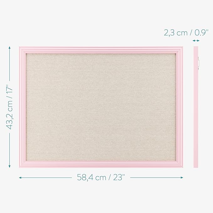 Navaris Framed Linen Bulletin Board - 17 x 23 inches Fabric Jewelry Organizer Pinboard for Wall Memory Memo Pin Board - Natural Linen with Pink Frame