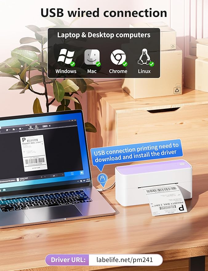 Phomemo Bluetooth Thermal Label Printer, 241BT 4X6 Wireless Shipping Label Printer for Small Business, Labels Printers for Shipping Package, Compatible with iPhone, Android, Purple