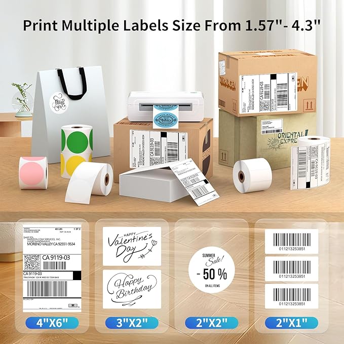 Bluetooth Thermal Shipping Label Printer, 4X6 Inkless Label Machine for iOS, Android, Laptop, Wireless Printer for Small Business, Compatible with Amazon, UPS, Shopify, White