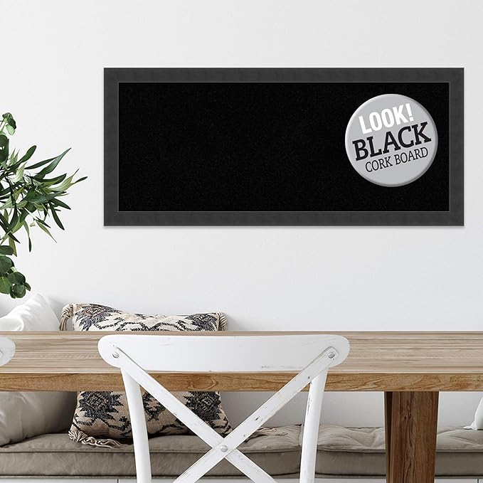 Amanti Art Black Cork Board for Wall, 14x32 Vision Board with Black Wood Frame, Medium Corkboard Office Decor for Home Organization, Modern Contemporary Corkboard Pinboard to display items for home