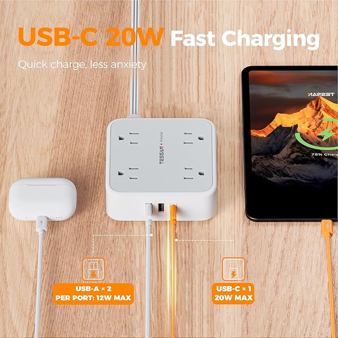 Surge Protector Power Strip, TESSAN 5 Ft Flat Plug Extension Cord with Multiple Outlets, 3 USB (1 USB C PD 20W), 8 Outlets, 900J Surge Protection, for Home, Office, Dorm Room Essentials, 1250W