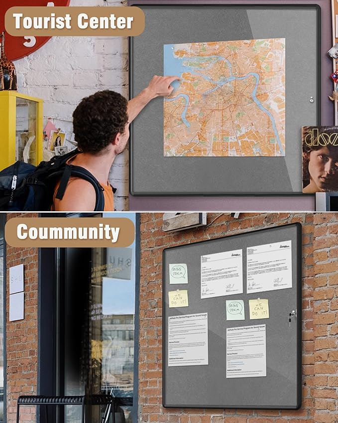 38"x38" Enclosed Bulletin Board, Lockable Weather-Resistant Aluminum Cork Noticeboard for School & Office, Black Frame w/Grey Flet