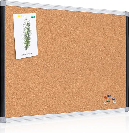 Board2by Cork Board Bulletin Board 24" x 18", Black/Sliver Aluminium Framed Corkboard, Office Board for Wall Decor, Large Wall Mounted Notice Pin Board with 18 Push Pins for School, Home & Office