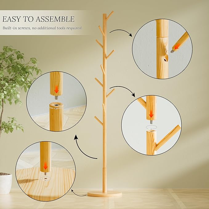 Wooden Coat Rack Freestanding with Round Base, Adjustable 4 Heights Sturdy Coat Hanger Stand 9 Hooks for Hanging Bags, Hats, Save Space Coat Tree for Narrow Place, Entryway, Bedroom, Office (Natural)