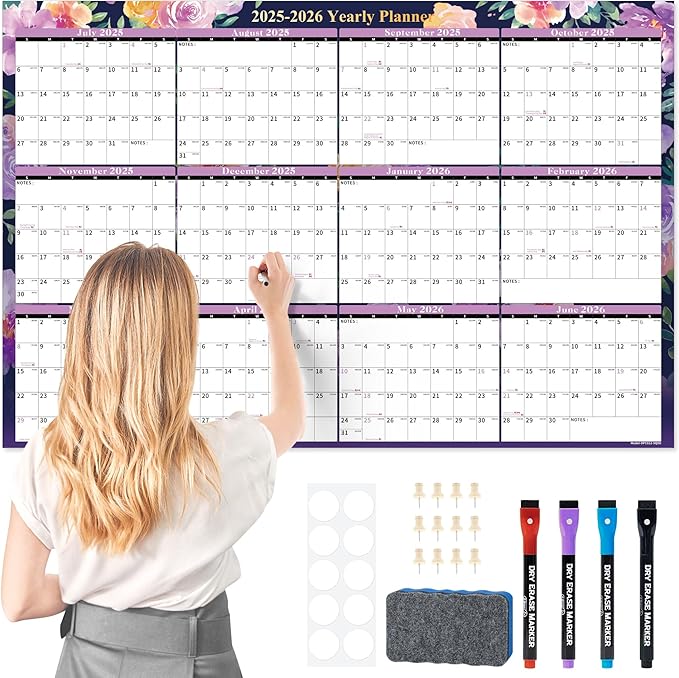 Ospelelf 32'' x 48'' Large Dry Erase Calendar for Wall 2025-2027, 2 Year Laminated Calendars Monthly Family Calendar for Office, Use July 2025 - June 2027 (Floral)