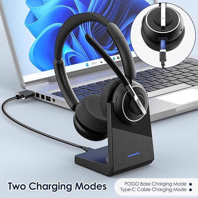 Wireless Headset, Bluetooth Headset with AI Noise Cancelling Mic, Bluetooth V5.2 Headphones with USB Dongle, Charging Base & Mic Mute for PC/Cell Phones/Call Center (Black)