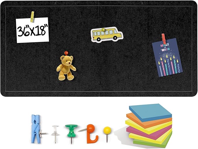 Large Bulletin Board 36 x 18 Inches - Foldable Felt Bulletin Board for Wall, Cork Board Alternative with 50 Color Pins & 6 Note Pads, Vision Board - Black