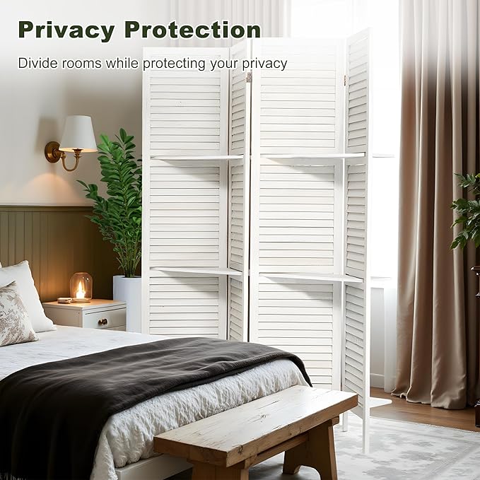 NicBex 4 Panel Room Divider 5.6FT Louvered Design Room Dividers with Display Storage Shelves Folding Privacy Screens Portable Freestanding Partition Wall Dividers for Home Bedroom Office, White