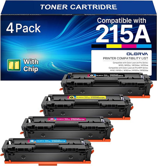 215A Toner Cartridges 4 Pack (with Chip) - Replacement for HP 215A Toner Cartridges, Works with HP Color Laser Jet Pro MFP M183fw M182nw M182n M182nw M155a M155dw Printer | W2310A W2311A W2312A W2313A
