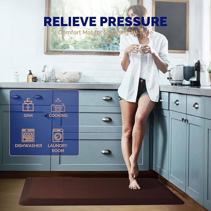 FEATOL Anti Fatigue Mat Floor Mat, Extra Thick Standing Office Desk Mat Memory Foam Cushioned Anti Fatigue Ergonomic Kitchen Mats Comfort Standing Pad NOT PVC 9/10 Inch Thick (Brown, 20x59x9/10-Inch)