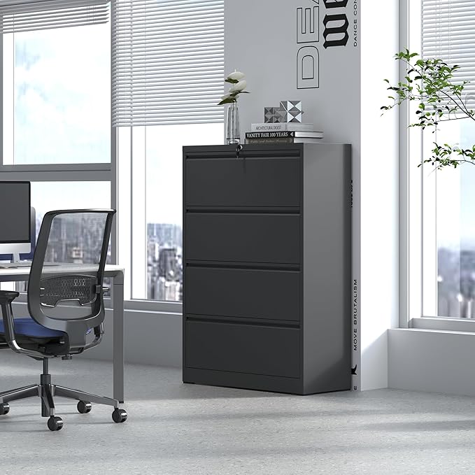 Lateral File Cabinet 4 Drawer, Metal File Cabinets for Home Office Legal/Letter A4 Size, Filing Cabinet with 4 Lock, Require Assembly, Black