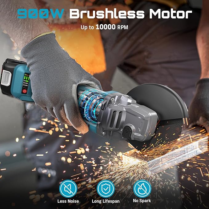 SEESII Cordless Angle Grinder 4-1/2 Inch, 21V Brushless Battery Grinder Tool with 2X 4.0Ah Batteries, 10000RPM for Metal Cutting, Grinding, Polishing, Rust Removal (Blue)