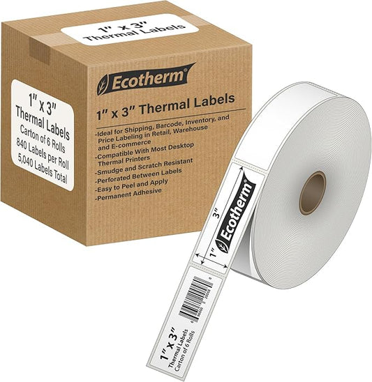 1" x 3" Thermal Labels | 6 Rolls | 5040 Labels | fits Zebra, Godex, Arkscan, iDPRT, Offnova Thermal Label Printers and More | Blank White Adhesive Stickers by Ecotherm
