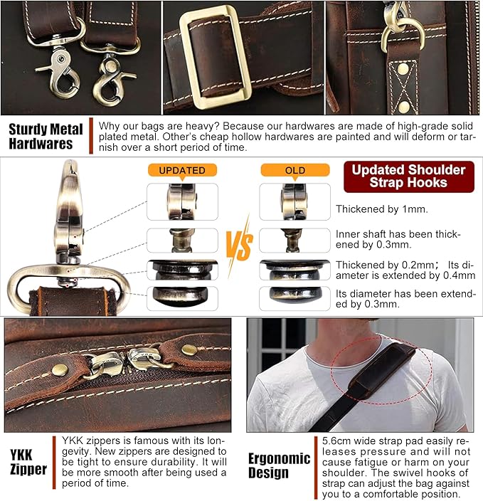 Masa Kawa Leather Briefcase for Men 15.6" - 17" Laptop Computer Case Business Travel Work Messenger Cross Body Shoulder Bag