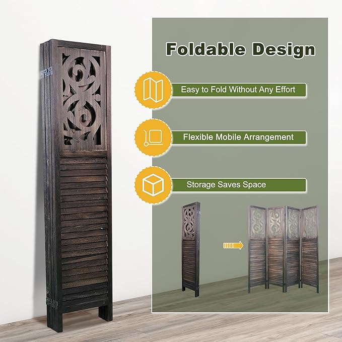 NicBex 4 Panel Room Divider,5.6FT Wood Carved Room Dividers,Folding Privacy Screens Portable Freestanding Partition Wall Dividers for Room Separation,Home Bedroom Office,Rustic Brown