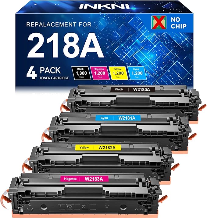 InkNI 218A Toner Cartridges 4 Pack (No Chip) Replacement for HP 218A W2180A for HP 218X for HP Color Laserjet Pro MFP 3301FDW 3201DW 3301SDW 3301CDW Printer Ink W2180X High Yield (4 Pack, B/C/Y/M)