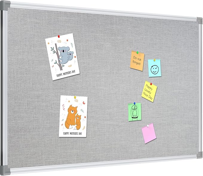 Lockways 36" x 24" Premium Cork Bulletin Board, Light Grey Framed Linen Fabric Pinboard with Silver Aluminum Frame for Home, Office & Kitchen Organization