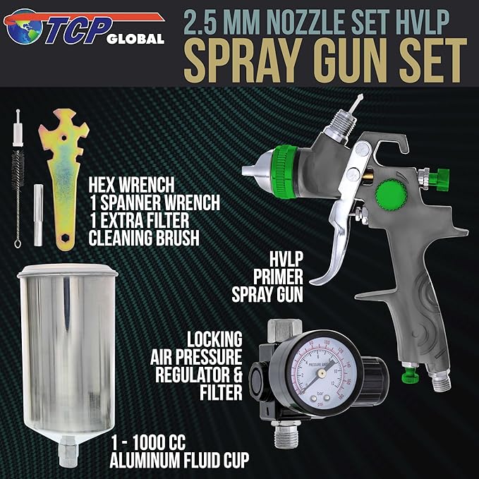 TCP Global Professional HVLP Spray Gun 2.5mm - Gravity Feed Auto Paint Gun Kit for Basecoat, Clearcoat, Primer - Spray Guns Paint Sprayer with Air Compressor Regulator (G6600-13)