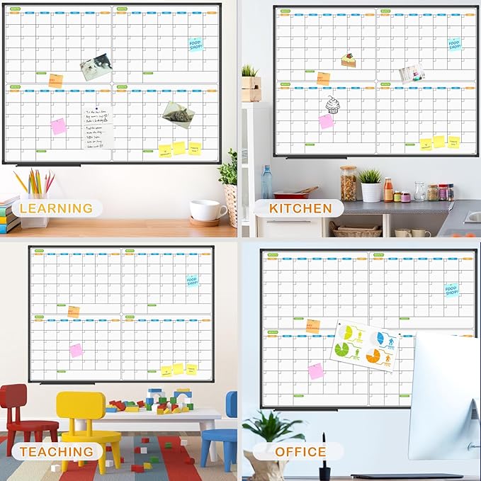 JILoffice Magnetic Dry Erase Calendar Whiteboard, 4 Month White Board Planner 48 X 36 Inch, Black Aluminum Frame Wall Mounted Board for Office Home and School