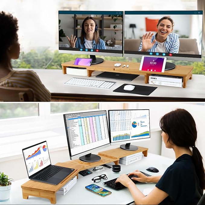 Nnewvante Monitor Stand Riser, 60 inch Large Bamboo Dual Monitor Stand for Desk, 3 Shelves Desktop Screen Riser with Adjustable Length Angle for Computer Laptop PC