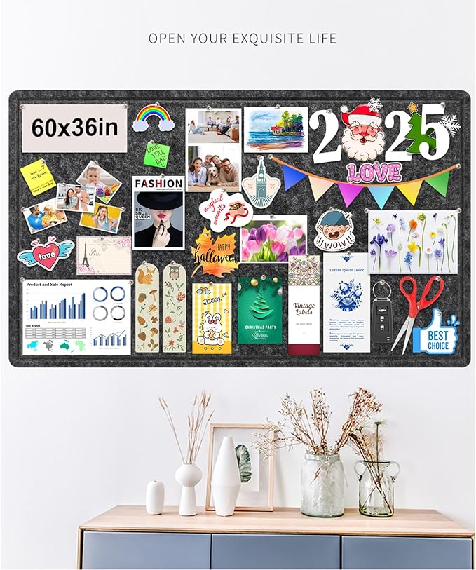Large Bulletin Board, Foldable 60x36 Inches Cork Board Alternative, Large Felt Board Decorative Pin Board for Wall, Foldable Photo Board Self-Adhesive Vision Board with 36 Pushpins Dark Gray