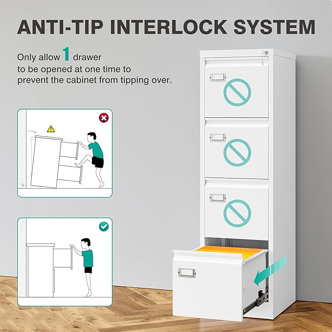 SISESOL 4 Drawer File Cabinet with Lock and Tag,White Vertical File Cabinet,Narrow Locking Filing Cabinets with Drawers,Metal Filing Storage for Home Office Fit A4 Legal/Letter Size,-Assembly Required