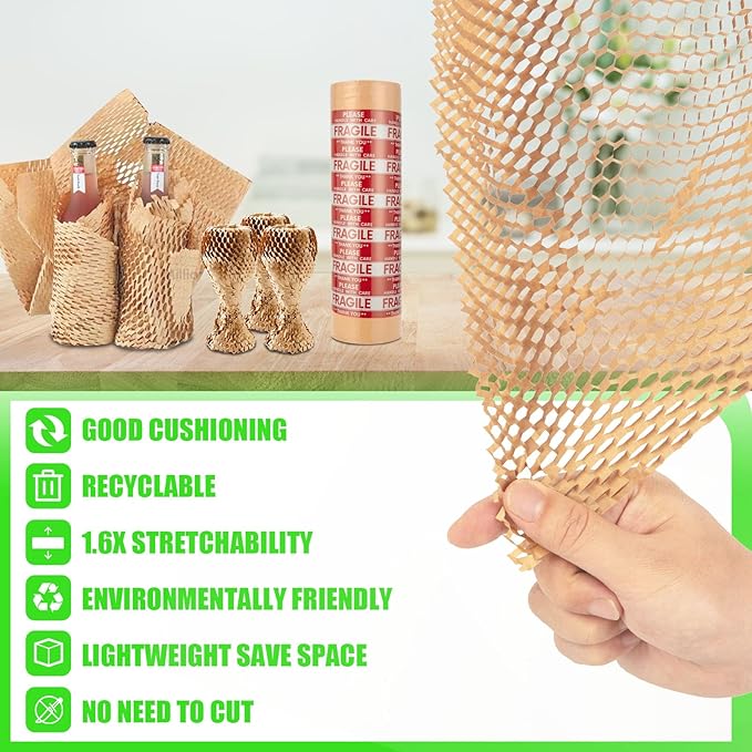 Honeycomb Packing Paper, MINHAO 15"x300' Eco Friendly Packing Paper for Moving Recyclable Honeycomb Paper Moving Supplies Bubble Paper Wrapping Protective Roll, With 36 Fragile Sticker Labels