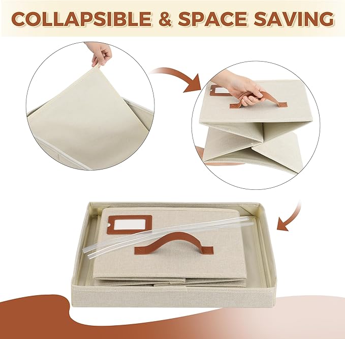 Storage Standard 2-Pack File Organizer Box with Lid - Collapsible Hanging Linen Document Organizer Portable File Boxes, Lightweight & Portable Filing Box Crates with Handles & Extras, Ivory