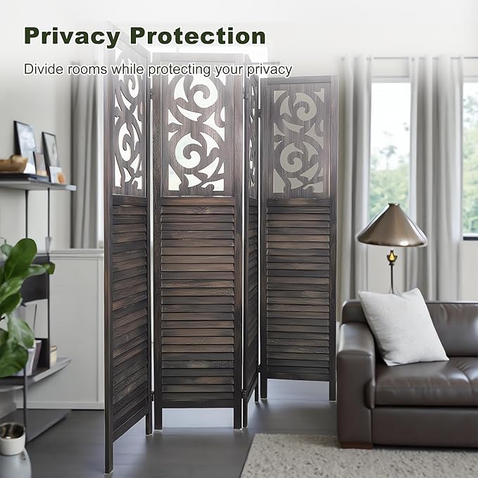 NicBex 4 Panel Room Divider 5.6FT Wood Carved Room Dividers, Folding Privacy Screens Portable Freestanding Partition Wall Dividers for Home Bedroom Office, Rustic Brown