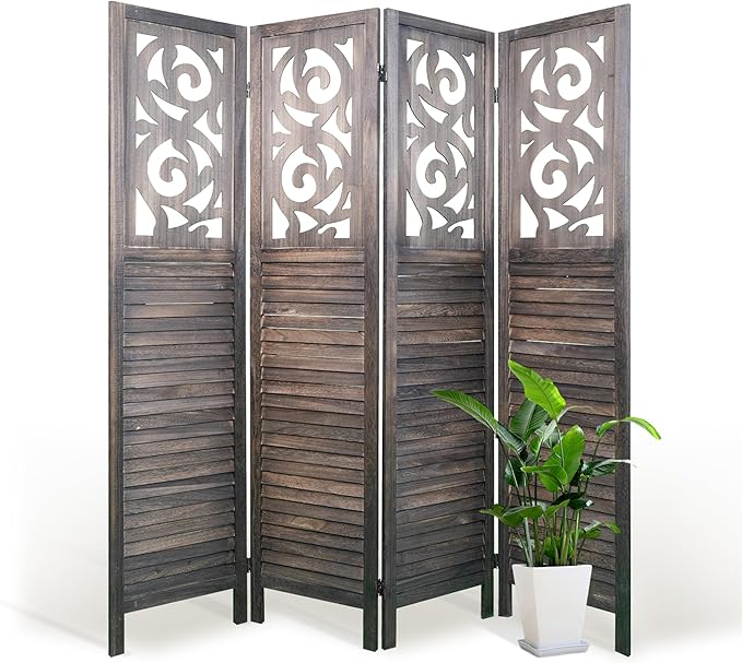NicBex 4 Panel Room Divider,5.6FT Wood Carved Room Dividers,Folding Privacy Screens Portable Freestanding Partition Wall Dividers for Room Separation,Home Bedroom Office,Rustic Brown