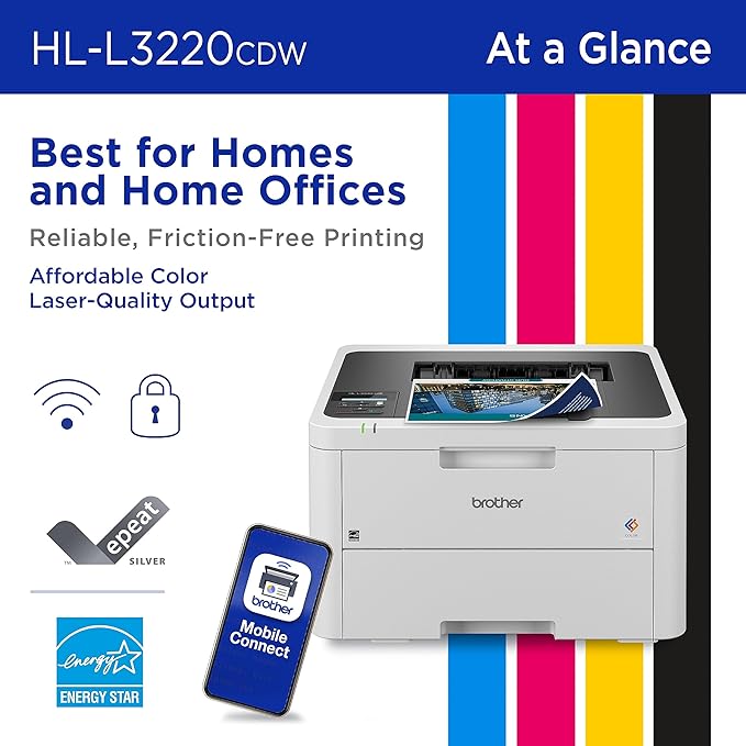 Brother Color Laser Printer with Wireless Printing Fast 19 PPM Output, Duplex Feature, Mobile Device Compatible, 250-Sheet Paper Tray for Professional Home Office Printing (HL-L3220CDW)