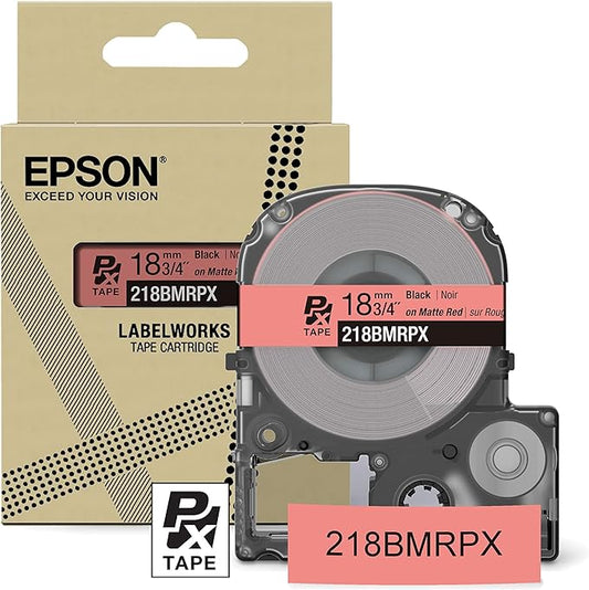 Epson LABELWORKS 218BMRPX Genuine PET (Polyester) Tape Cartridge - Black on Matte Red Designer Craft Label Maker Tape - 3/4" (18MM) Wide, 26'