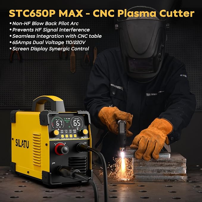 SILATU CNC Plasma Cutter Machine, 65Amp Blow Back Pilot Arc Air Sensor Technology, Large Screen Display, 110V/220V Dual Voltage Non-Touch CNC Plasma Cutting Machine, 16mm Clean Cutting Thickness