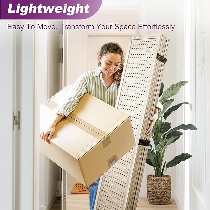 Room Divider, 5.6FT Folding Room Divider Panel, 6 Panel Pegboard Display Wood Partition Wall Divider for Room Separation& Craft Shows, Natural Wood