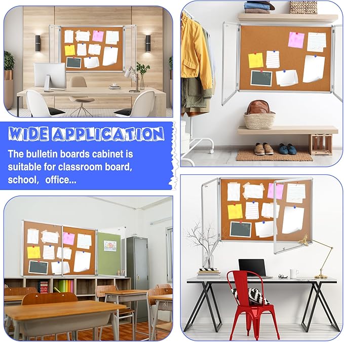 Enclosed Bulletin Board 48" x 36" Weather Resistant Lockable Notice Cork Display Board Wall Mounted 2 Locking Door for School Classroom Commercial Back to School, 12 x A4(Brown, Silver Frame)