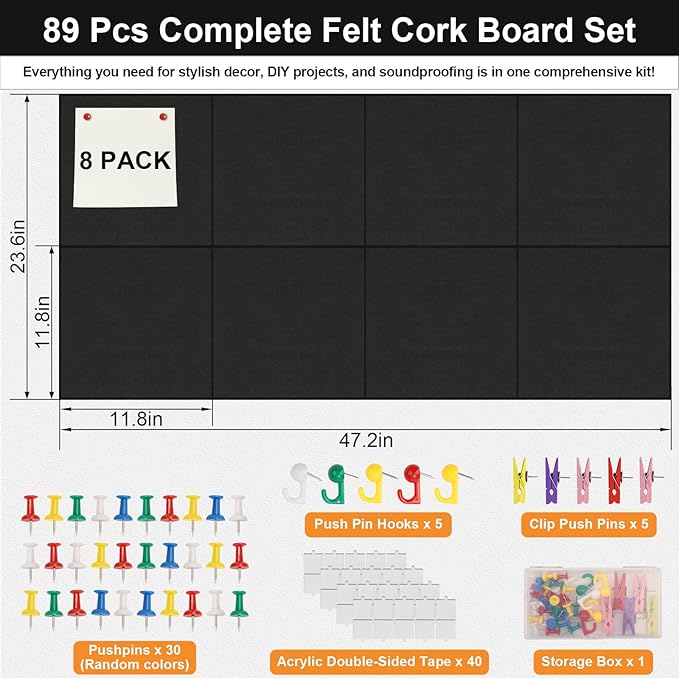8 Pack 24"x48" Cork Boards for Walls, 89 Pcs Felt Cork Board Bulletin Board Kit with 40 Double-Sided Tapes, 30 Pushpins, 5 Clip Push Pins & 5 Push Pin Hooks, Wall Tile Vision Board for Office Home