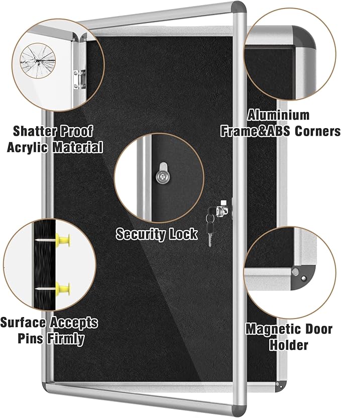 36"x24" Enclosed Bulletin Board, Lockable Weather-Resistant Aluminum Cork Noticeboard for School & Office, Silver Frame w/Black Flet