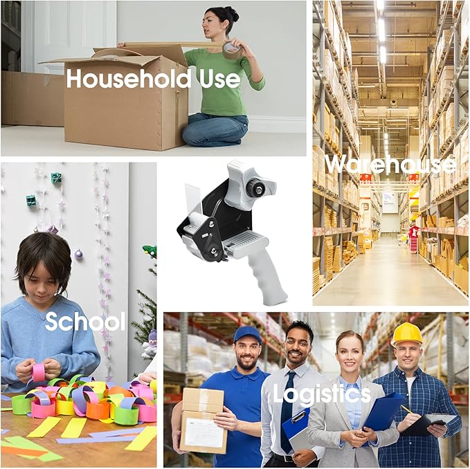 Packing Tape Dispenser Gun, Pacific Mailer 2 Inch Tape Gun Dispenser with 2 Inch Carton Packing Tape, Lightweight Industrial Side Loading Tape Dispenser - Black