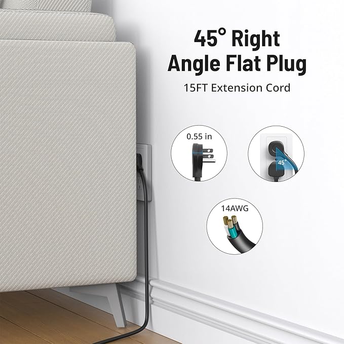 TROND Surge Protector Power Strip, Flat Plug 15ft Long Extension Cord, 7 Widely-Spaced Outlets with 3 USB Ports, ETL Listed, 1700J, Wall Mountable, for Home Office Garage, Black