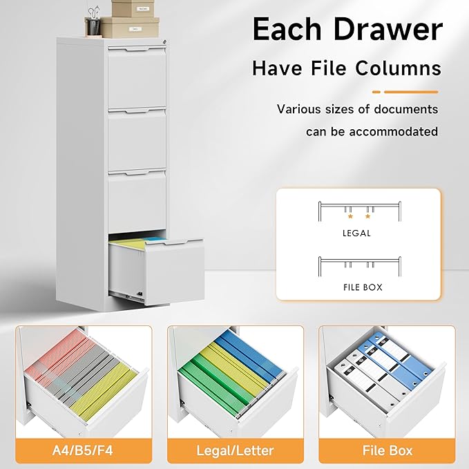 Bestoo 17.8" D Vertical File Cabinet, 4 Drawer Metal Filing Cabinets with Lock, Steel Filing Cabinet for Home Office, File Cabinet for Letter/Legal/A4/F4 Size, Easy Assemble (White)