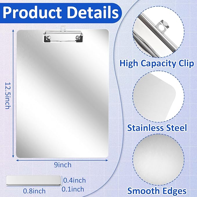 Seajan 3 Pcs Stainless Steel Magnetic Clipboards 9" x 12.5" Metal Clipboard with Low Profile Clip Hangable Board for Refrigerator Industry Office Teach