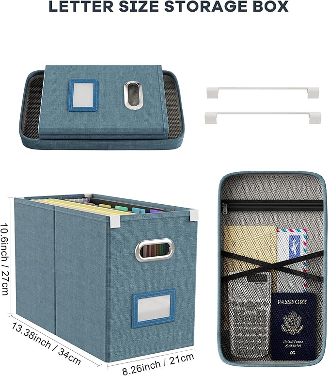 Oterri File Organizer Box with Lid, Hanging Filing File Box with Mesh Pocket, Document Organizer Box for Letter Files, Portable Storage Box with Smooth Sliding Rail for Office&Home (1 PCS, Dark-blue)