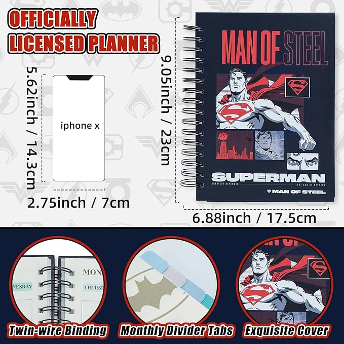 Hero Academic Planner, Weekly Monthly Daily Agenda, Custom Date Organizer for Time Management, Spiral Bound Notebook with Colorful Tabs,Datebooks for School Office Home(Navy Red)