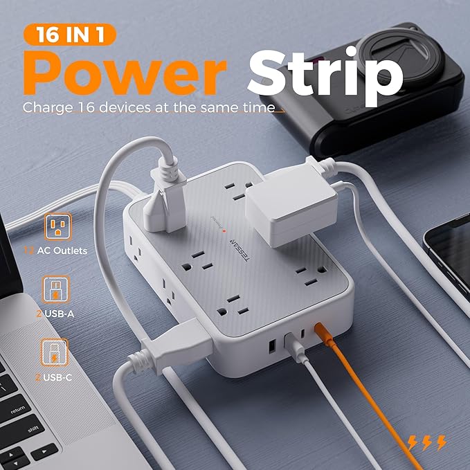 TESSAN Extension Cord 10 ft Surge Protector Power Strip, 12 Outlet Extender with 4 USB (2 USB C), 1800 Joules Protection, Flat Plug, Flat Extension Cord with Multiple Outlets, for Home, Office, Dorm