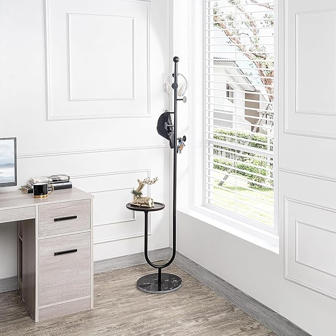 Coat Rack Stand, Metal Coat Tree with Bamboo Tray & 6 Hooks, Heavy Duty Marble Base Corner Coat Stand for Bedroom Hallway Entryway Living Room Office 13.78 x 13.78 x 68.11 Inches (Black)