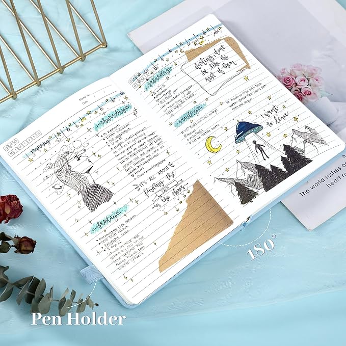 Lined Journal Notebook for Women Cute Leather Journaling Notebooks for Writing 192 Pages A5 Hardcover Aesthetic Floral Diary, 5.7 x 8.3 In, Blue