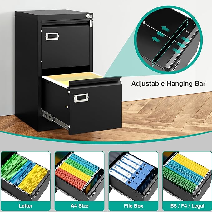 SISESOL 2 Drawer File Cabinet with Lock,Narrow Vertical Filing Cabinet,Under Desk File Cabinets,Black Metal File Cabinets for Home Office,Fit Letter Size,Files Folder,Easy Assemble