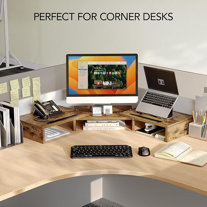 AMERIERGO Dual Monitor Stand Riser- 3 Shelf Screen Stand with Adjustable Length and Angle, 2 Extra Functional Slot Desktop Organizer Stand for PC, Computer, Laptop (Rustic Brown)