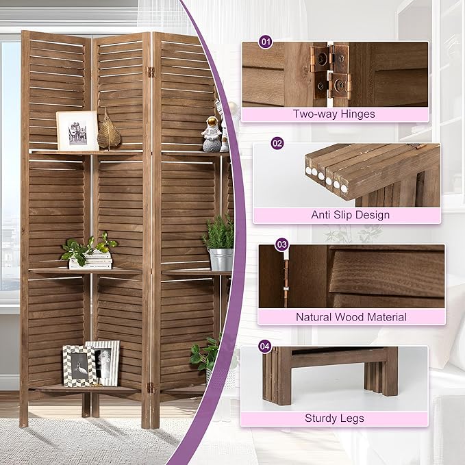 Room Divider with Shelves, 5.6FT Folding Room Divider Panel, 6 Panel Wood Partition Wall Divider for Room Separation, Dark Brown